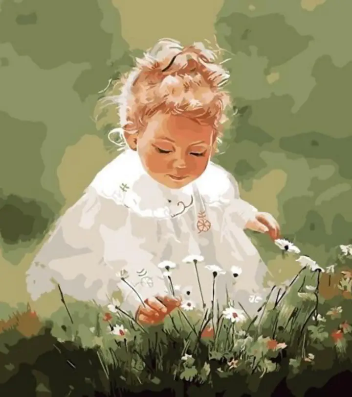 لوحة مرسومة لطفلة بفستان أبيض تقطف الأزهار.